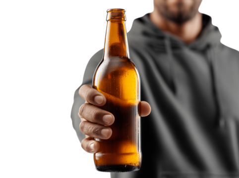 Man in grey hoodie offers a cold beverage in a well-lit studio setting with a neutral background Generative AI