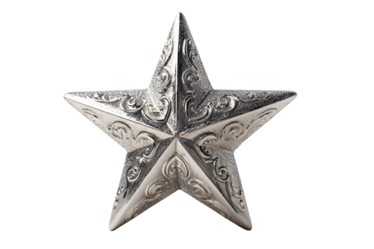 Ornate Silver Five Pointed Star with Scrollwork Detail isolated on a transparent background metal metallic