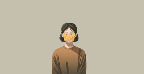 Woman with mouth covered by tape – censorship and silence illustration