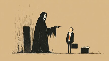 Grim Reaper and businessman with money bags in grave – concept of wealth and death