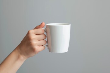 Hand holding a white ceramic mug, ideal for showcasing logos or designs with ample copy space