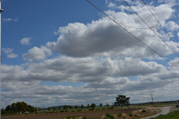 A rural landscape with a plowed field and a line of distant trees, under a vast blue sky filled with dramatic white clouds