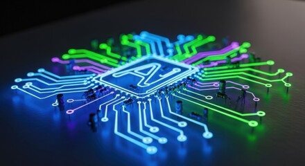 Illuminated AI Circuit Board: Futuristic Technology and Artificial Intelligence Concept.