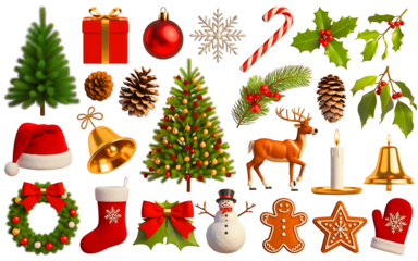 Decorative Elements for Winter Celebration, 
Traditional Xmas Objects in Realistic Illustration Style png set