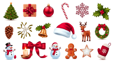 Christmas Holiday Icon Set Collection, Festive Decorative Elements for Winter Celebration, 
Traditional Xmas Objects in Realistic Illustration Style png set