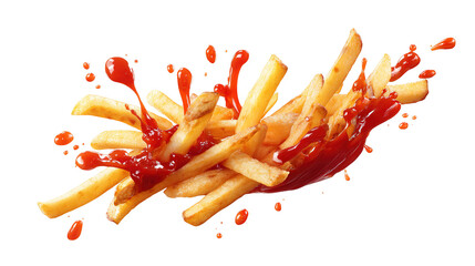 flaying french fries with ketchup splash isolated on transparent white background,