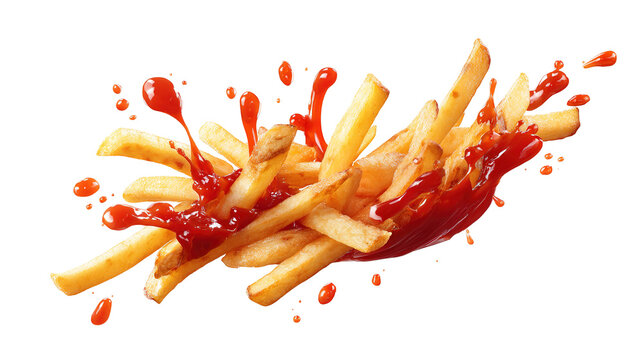 flaying french fries with ketchup splash isolated on transparent white background,