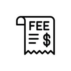 Simple line art icon of a receipt showing the word fee and a dollar sign