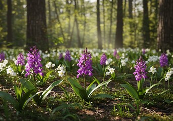 Vibrant purple and white wildflowers blooming on a sunlit forest floor in spring.