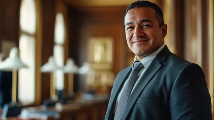 A businessman standing in an office, wearing a suit and tie - Powered by Adobe