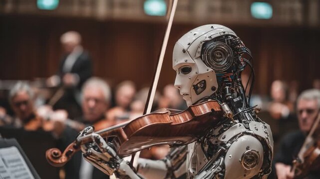 A Stunning Display of Robotics and Artistry: A Highly Advanced Robot Virtuoso Performs at a Major Concert, Captivating Audience with Musical Mastery and Technological Innovation