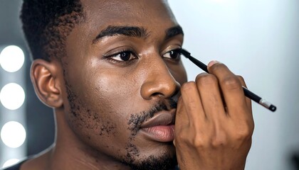 A close-up of a dark-skinned individual applying makeup to their eye. The person holds a makeup brush, angled toward the eye