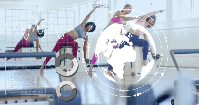 Three women mounting Pilates chairs in fitness side-bending and animating globe with data charts