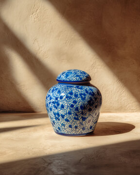 a ceramic jar with Turkish blue patterned on a sunlighting wall