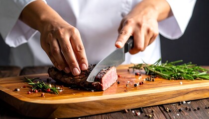A chef's hands carve a steak on a wooden cutting board with rosemary sprigs and peppercorns, close up. The steak is pink inside