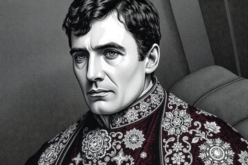 A distinguished historical figure in ornate regal clothing, with intricate brocade details on dark fabric.