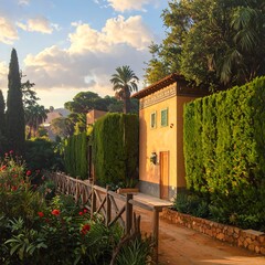 Beautiful Spanish Garden Pathway at Sunset.