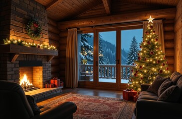 Fototapeta premium Cozy interior of a winter chalet with a fireplace and a Christmas tree, panoramic windows and snow. High quality photo