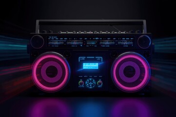 Fototapeta premium Nostalgic Audio, Capturing the Retro Boombox Aesthetic with Vibrant Neon Lights