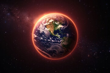 Fototapeta premium Planet Earth in the vast expanse of cosmic space illuminated with fiery glow atmosphere