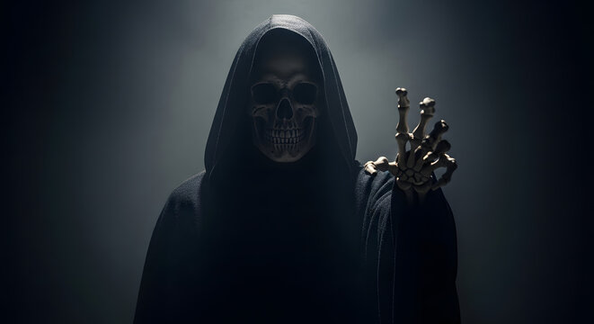 Grim Reaper Skeleton in Dark Hooded Cloak on Halloween. - Powered by Adobe