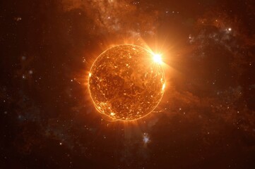 Obraz premium Vibrant depiction of a distant sun amidst a star-studded space, showcasing immense heat and light