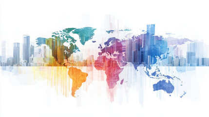 Obraz premium Colorful world map overlaying city skyline, showcasing urban development and global connectivity, evoking sense of exploration and diversity