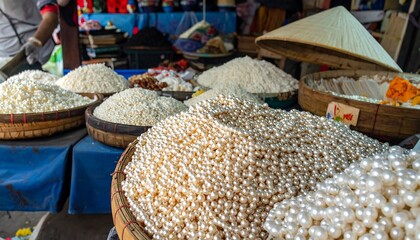 Colorful Market Stall with Beads and Rice.