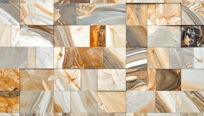 A close-up of a decorative wall composed of rectangular tiles. The tiles feature swirling patterns in shades of beige, brown, and gray, giving a natural, textured appearance