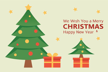 Fototapeta premium Vector art of christmas tree with gifts and stars, merry christmas greeting
