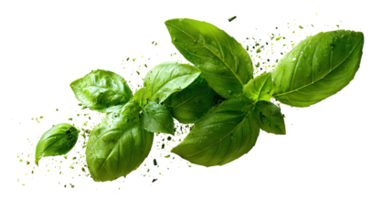 flying fresh basil leaves isolated on transparent white background png, clipping path