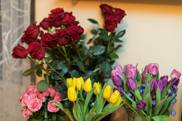 Several vibrant bouquets of red roses, pink roses, yellow tulips, and purple tulips are arranged indoors.