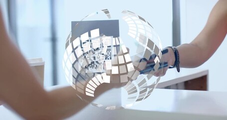 Barista using terminal and customer scanning QR code with smartphone as globe fading for payment - Powered by Adobe