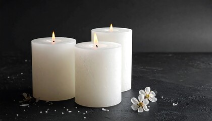 Three White Candles on Dark Surface with Flowers.