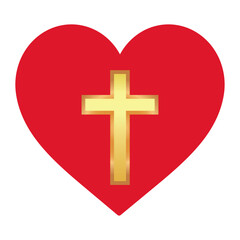Red heart with gold shiny cross inside. Jesus love symbol. God vector illustration. Catholic symbol flat vector, golden cross inside a heart. Symbol of Christian cross inside heart shape.
