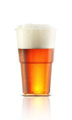 plastic mug with beer in drops