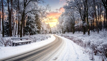 Snowy Winter Road Through Forest.