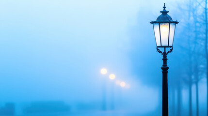 Vintage lamp post stands illuminated in foggy atmosphere, casting warm glow amidst misty surroundings, creating serene ambiance