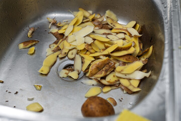 Freshly peeled potato skins rest in a shiny stainless steel kitchen sink, with water droplets visible.