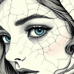 Obraz premium A striking, monochrome ink illustration of a woman's face with cracks in the skin and mesmerizing blue eyes.