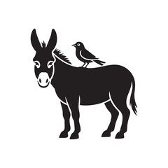 Vector art of silhouette of a donkey with a bird on its back on a, creating a striking contrast and emphasizing the subject