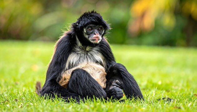 A black spider monkey sits on lush green grass, legs tucked close. It gazes towards the viewer with a thoughtful expression. Sunlight filters onto its fur