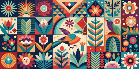 Obraz premium Floral mosaic tile pattern vector illustration in geometric art style for textile design
