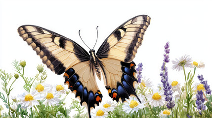 Beautiful watercolor sketch of butterfly perched on vibrant flowers, showcasing intricate details and vivid colors