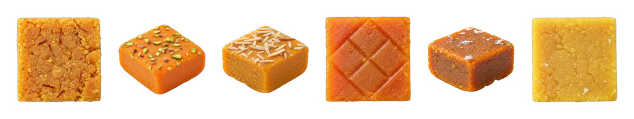Indian sweet set including various types with nuts, saffron, and silver leaf isolated. Cultural dessert food collection.