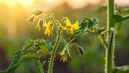 A close-up shot of a delicate plant with yellow flowers, bathed in golden sunlight, offering a soft, inviting, and warm appeal
