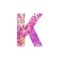 Textured Letter K with Vibrant Pink and Purple Particles