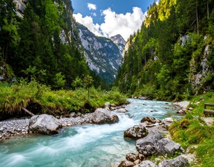 Mountain River Valley Scenic Landscape.
