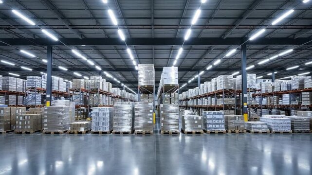Warehouse Interior with Pallets of Goods on Shelves