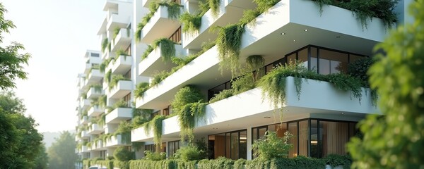 Modern white apartment building with many balconies. Green plants, foliage, hanging vines adorn level. Eco-friendly residential design promotes sustainable urban living for people. Residents enjoy